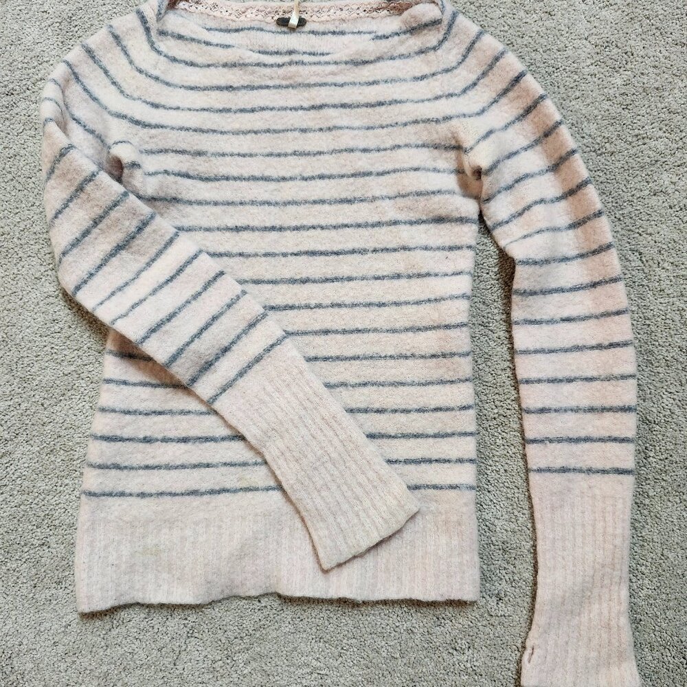 Free People Alpaca Blend Sweater Tunic Pink with Grey Stripes, XS